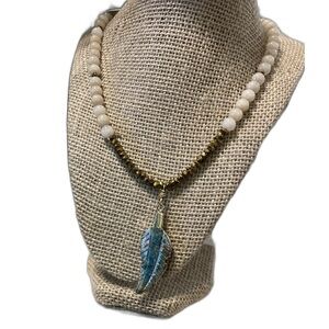 Elegant Beaded Necklace with Turquoise Blue Leaf Pendant and Gold Accents